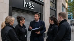 M&S employees discussing future roles with a manager outside a closed Leeds store