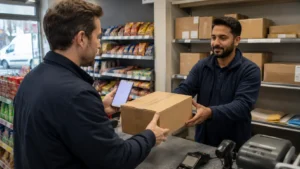 Customer dropping off a securely packaged parcel at a UK ParcelShop after arranging the delivery and preparing the parcel for sending.
