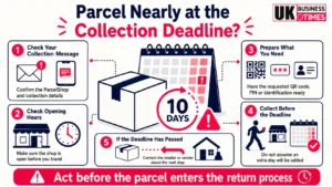 Evri ParcelShop deadline infographic showing collection checks, required ID, prompt collection and next steps if missed