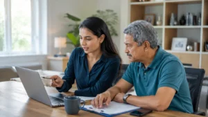 Financial adviser helping an older man review pension information on a laptop.