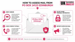 Infographic showing how to verify whether mail from PO Box 24123 Edinburgh is legitimate or suspicious