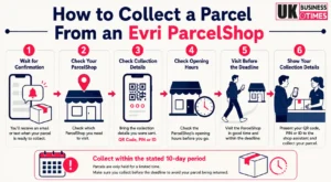 Infographic showing six steps to collect an Evri ParcelShop parcel, including confirmation, collection details and required QR code, PIN or ID