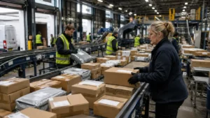 Parcels being processed at a busy distribution centre before UK delivery