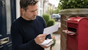UK resident checking an incorrectly delivered letter before returning it to the postal system