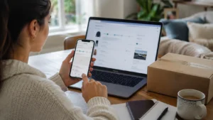 UK shopper checking parcel tracking information on a smartphone.